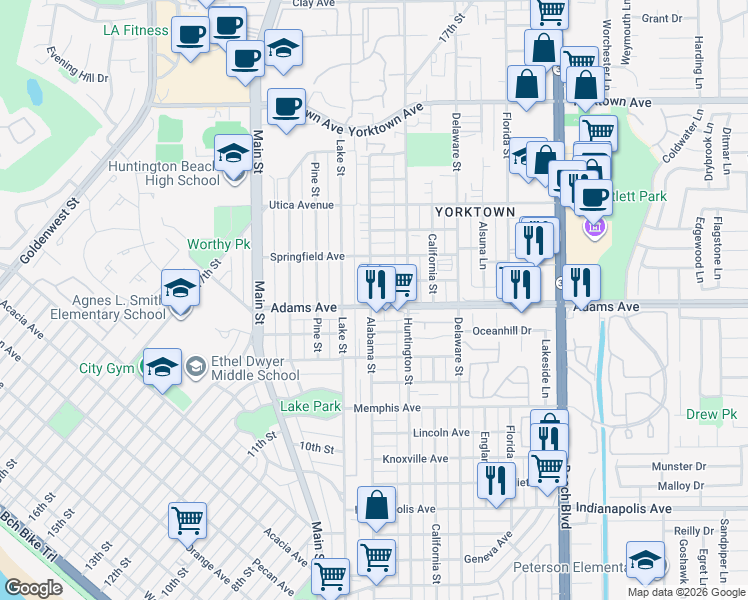 map of restaurants, bars, coffee shops, grocery stores, and more near 201 Adams Avenue in Huntington Beach