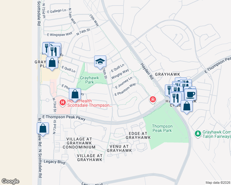 map of restaurants, bars, coffee shops, grocery stores, and more near 7691 East Phantom Way in Scottsdale