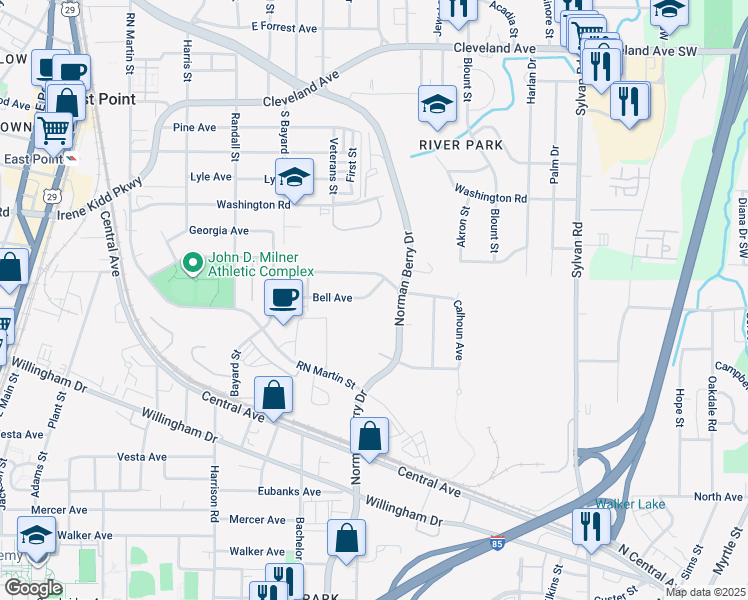 map of restaurants, bars, coffee shops, grocery stores, and more near 1186 Bell Avenue in East Point