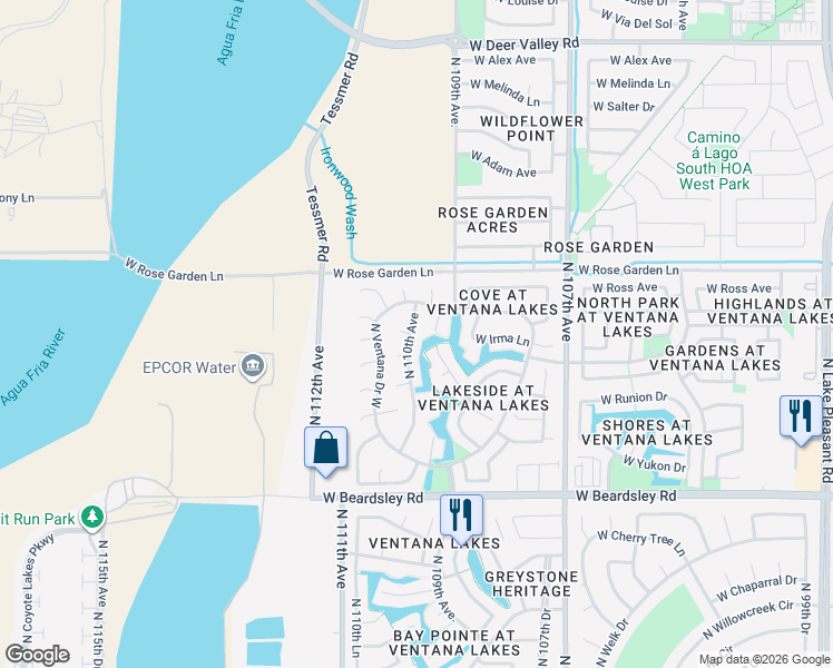 map of restaurants, bars, coffee shops, grocery stores, and more near 20665 North 110th Avenue in Sun City