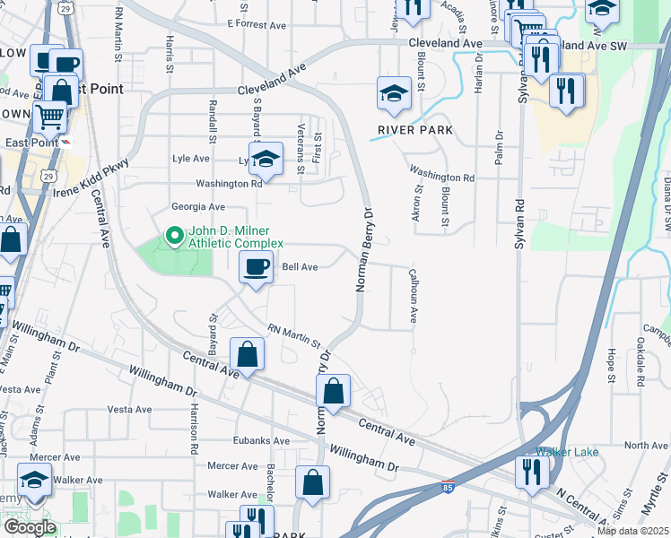 map of restaurants, bars, coffee shops, grocery stores, and more near 1186 Bell Avenue in East Point