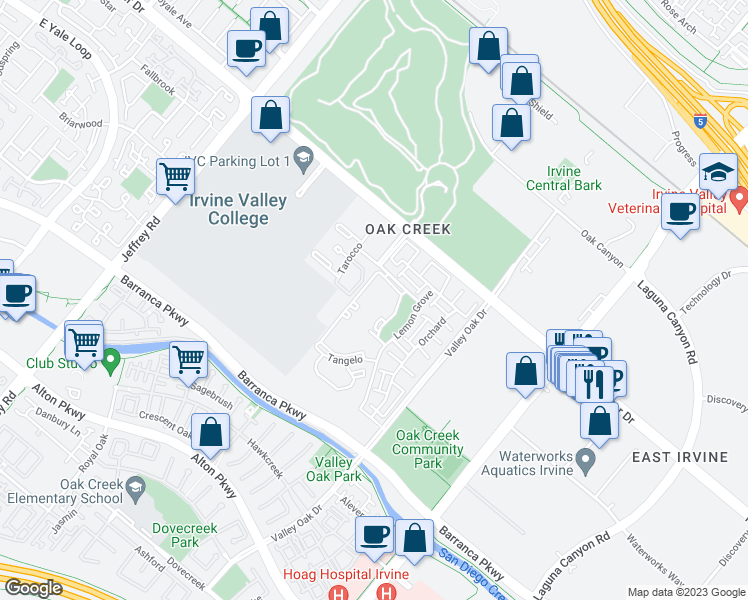 map of restaurants, bars, coffee shops, grocery stores, and more near 26 Orange Blossom in Irvine