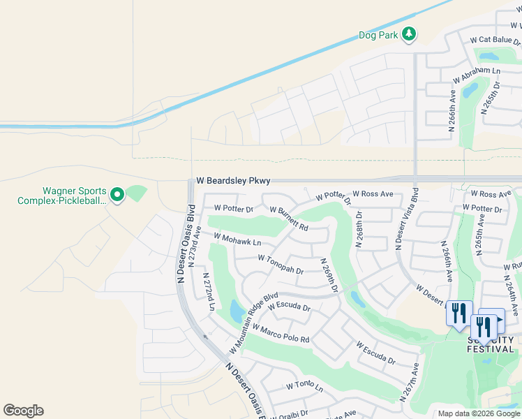 map of restaurants, bars, coffee shops, grocery stores, and more near 27115 West Burnett Road in Buckeye