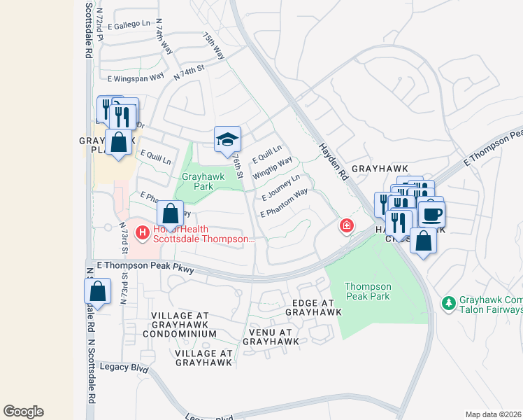map of restaurants, bars, coffee shops, grocery stores, and more near 7691 East Phantom Way in Scottsdale