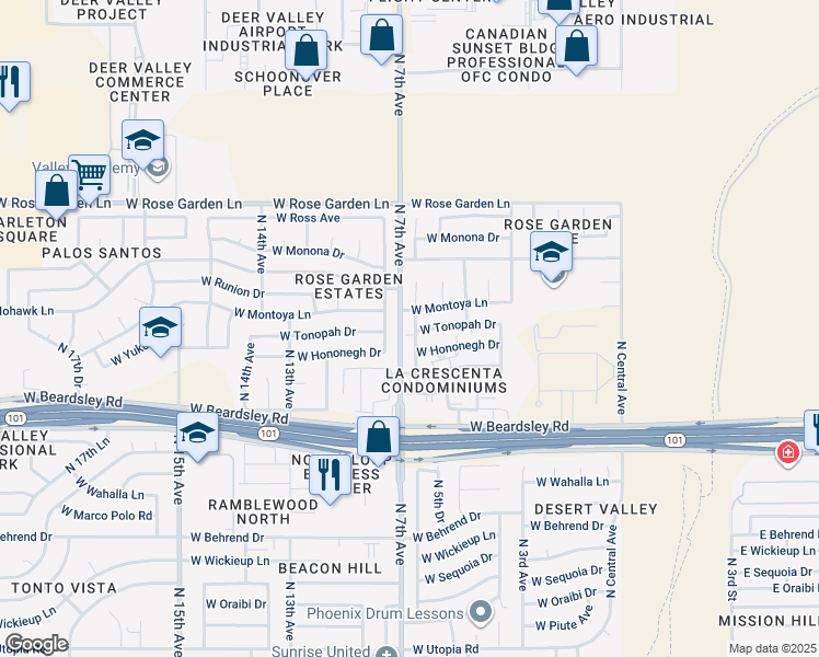 map of restaurants, bars, coffee shops, grocery stores, and more near 20413 North 8th Avenue in Phoenix