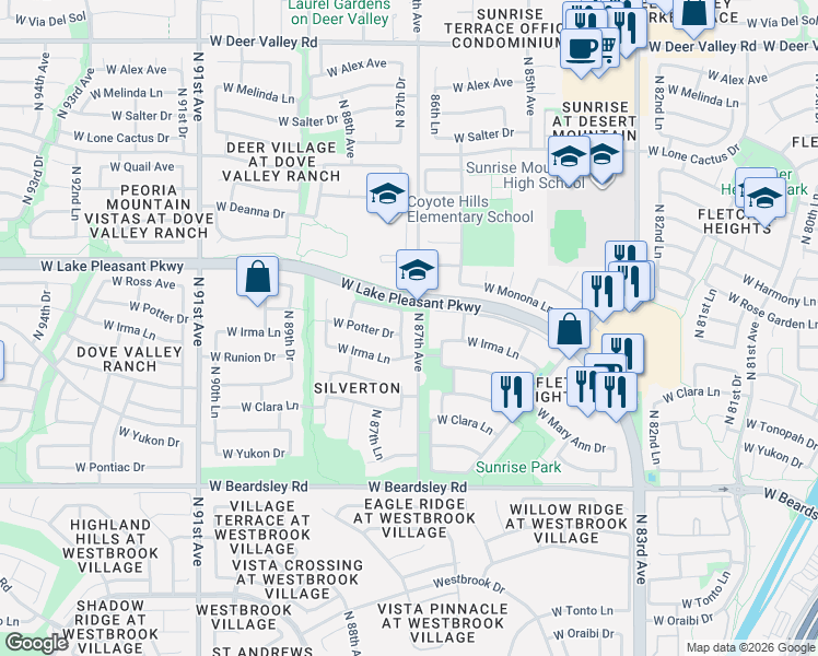 map of restaurants, bars, coffee shops, grocery stores, and more near 20757 North 87th Drive in Peoria
