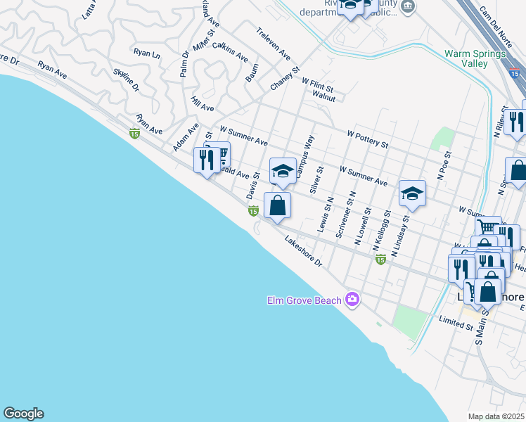 map of restaurants, bars, coffee shops, grocery stores, and more near 103 Mohr Street in Lake Elsinore