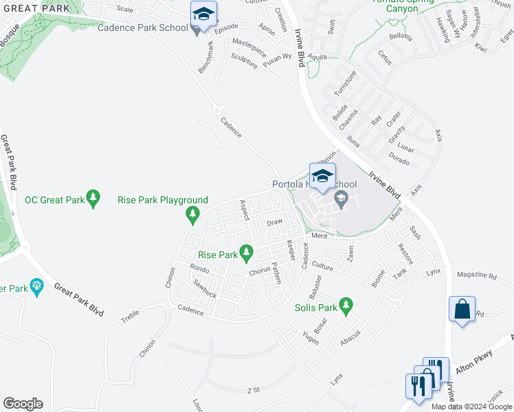 map of restaurants, bars, coffee shops, grocery stores, and more near 319 Sawbuck in Irvine