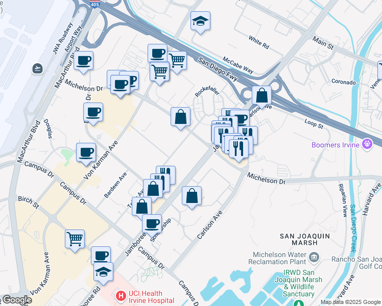 map of restaurants, bars, coffee shops, grocery stores, and more near 18633-18677 Jamboree Rd in Irvine
