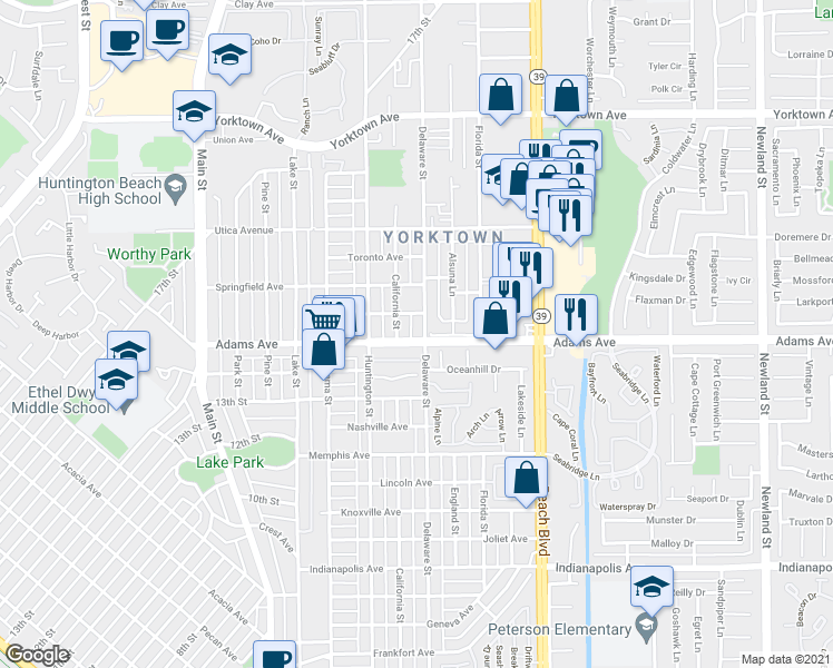 map of restaurants, bars, coffee shops, grocery stores, and more near 1617 Riverview Circle in Huntington Beach