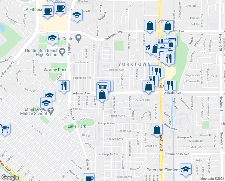 map of restaurants, bars, coffee shops, grocery stores, and more near 210 Adams Avenue in Huntington Beach