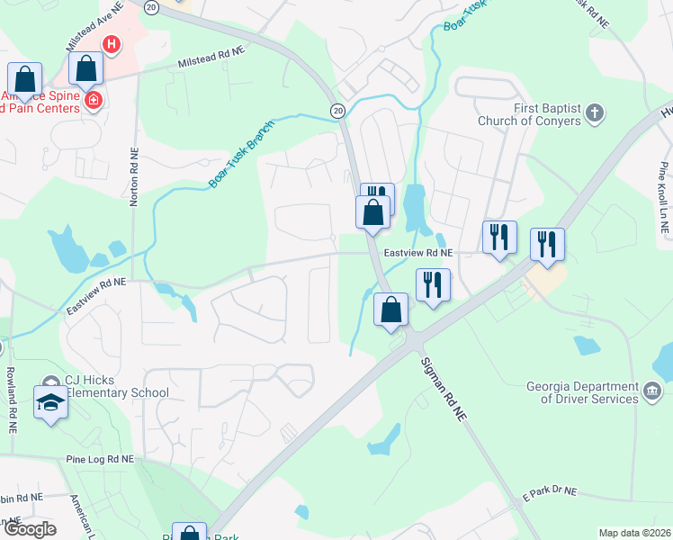 map of restaurants, bars, coffee shops, grocery stores, and more near 1604 Village Place Circle Northeast in Conyers