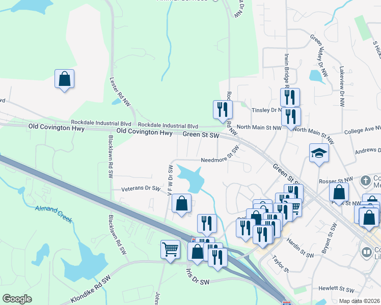map of restaurants, bars, coffee shops, grocery stores, and more near 720 2nd Avenue Southwest in Conyers