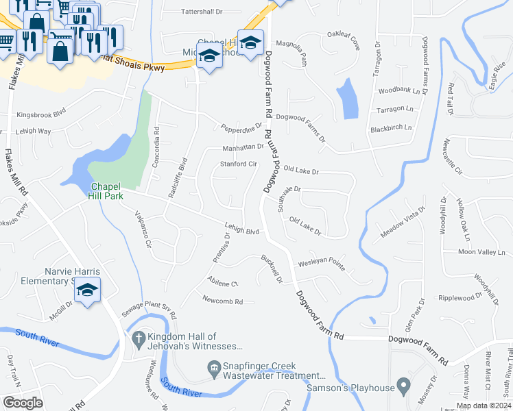 map of restaurants, bars, coffee shops, grocery stores, and more near 3727 Dogwood Farm Road in Decatur
