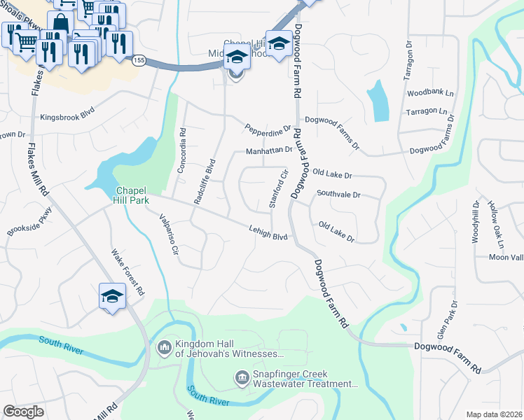 map of restaurants, bars, coffee shops, grocery stores, and more near 3510 Stanford Circle in Decatur