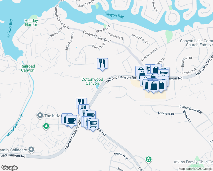 map of restaurants, bars, coffee shops, grocery stores, and more near 22780 Skylink Drive in Canyon Lake