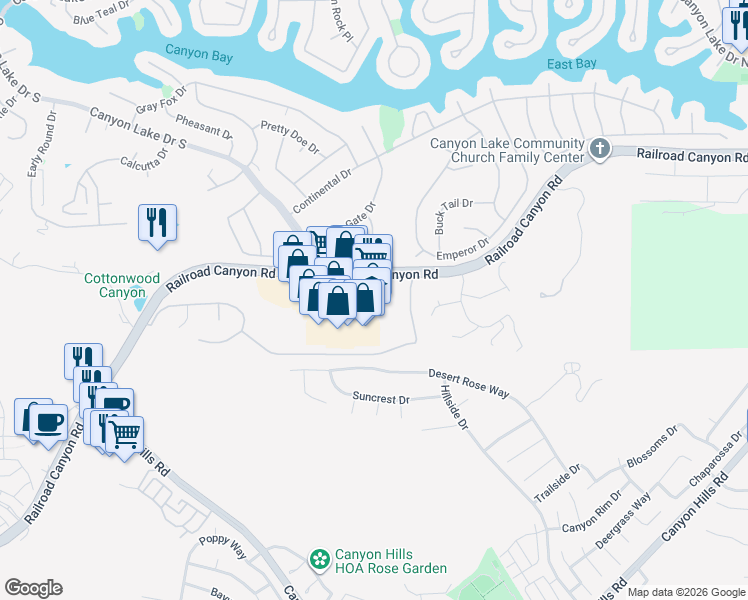map of restaurants, bars, coffee shops, grocery stores, and more near 31524 Railroad Canyon Road in Canyon Lake