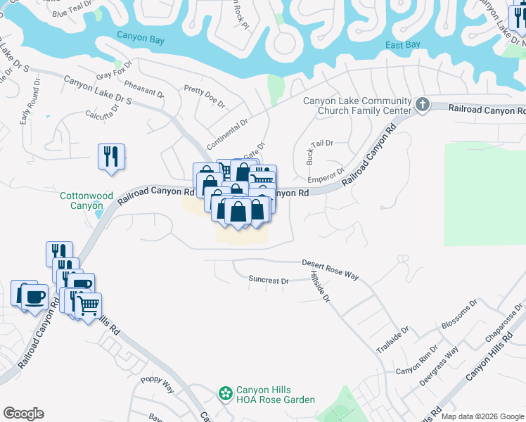 map of restaurants, bars, coffee shops, grocery stores, and more near 31524 Railroad Canyon Road in Canyon Lake