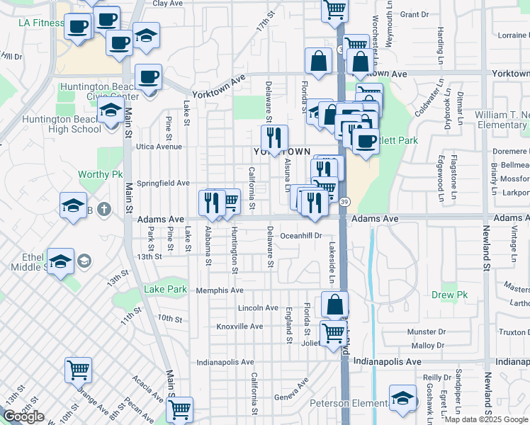 map of restaurants, bars, coffee shops, grocery stores, and more near 1703 Delaware Street in Huntington Beach