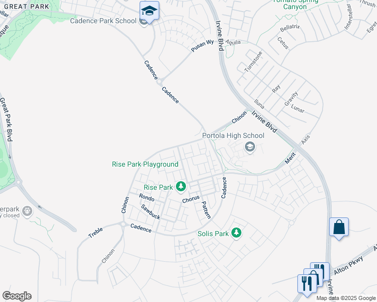 map of restaurants, bars, coffee shops, grocery stores, and more near 319 Sawbuck in Irvine