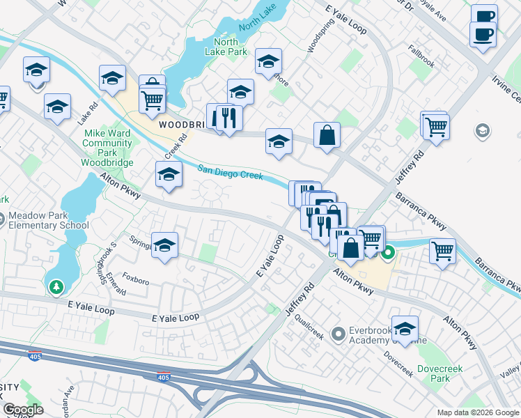 map of restaurants, bars, coffee shops, grocery stores, and more near 1 Witherspoon in Irvine