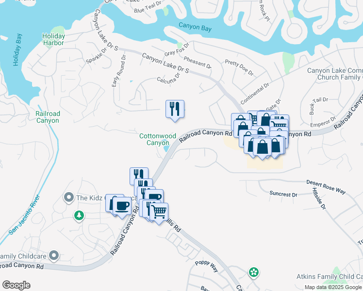 map of restaurants, bars, coffee shops, grocery stores, and more near 22780 Skylink Drive in Canyon Lake