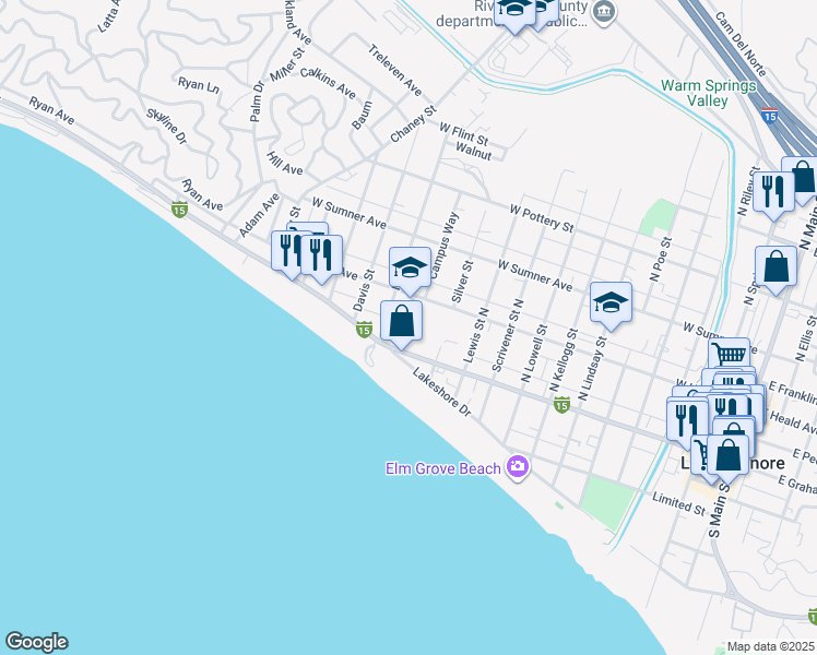 map of restaurants, bars, coffee shops, grocery stores, and more near 1203 West Graham Avenue in Lake Elsinore