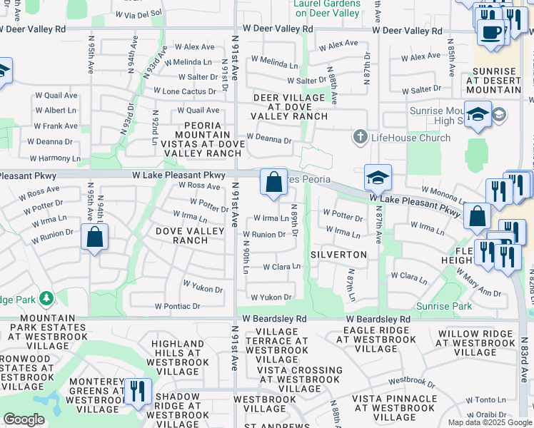 map of restaurants, bars, coffee shops, grocery stores, and more near 9046 West Irma Lane in Peoria