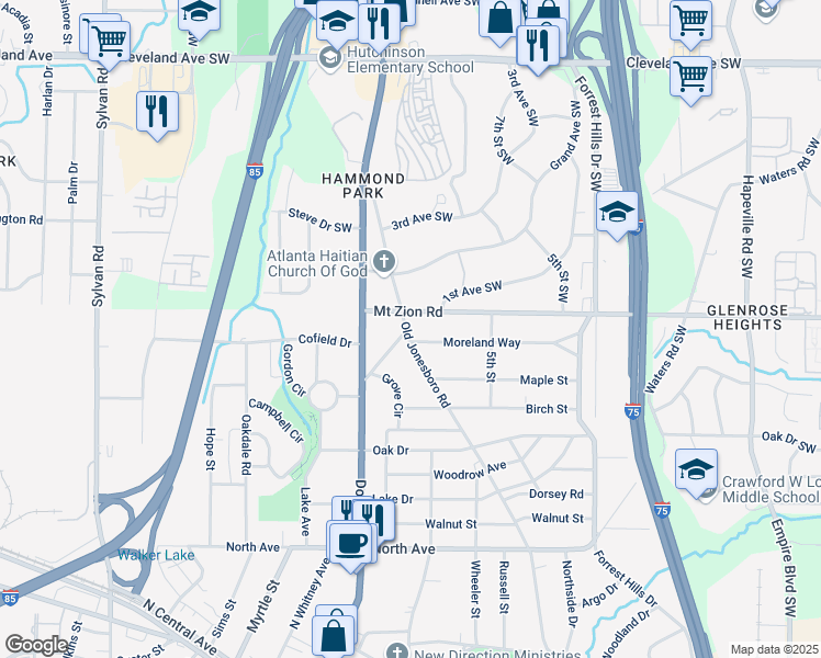 map of restaurants, bars, coffee shops, grocery stores, and more near 3086 Old Jonesboro Road in Hapeville