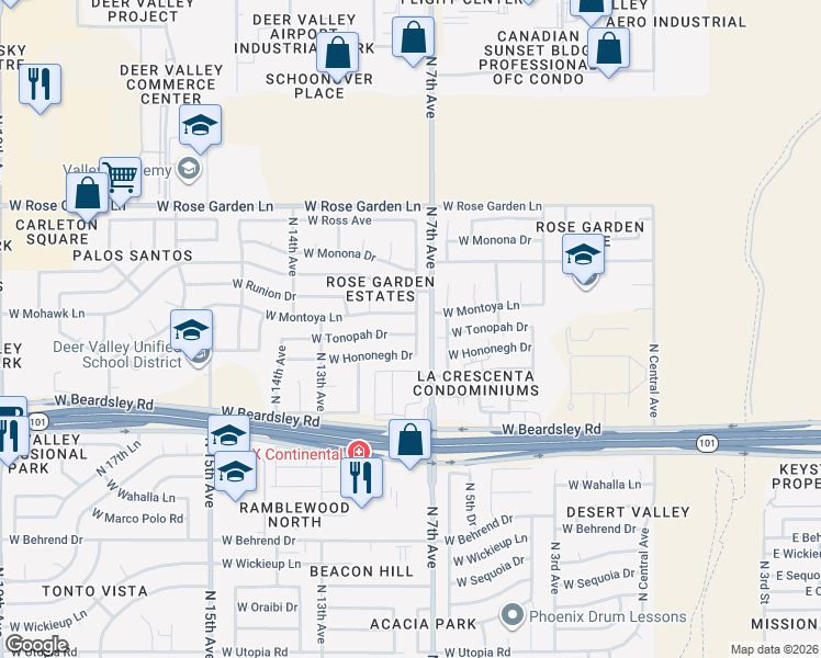 map of restaurants, bars, coffee shops, grocery stores, and more near 802 West Tonopah Drive in Phoenix