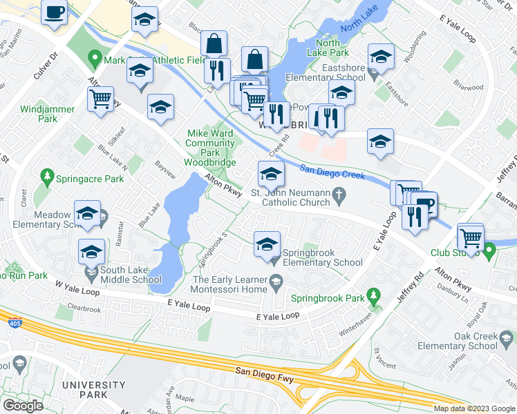 map of restaurants, bars, coffee shops, grocery stores, and more near 93 Goldenrod in Irvine