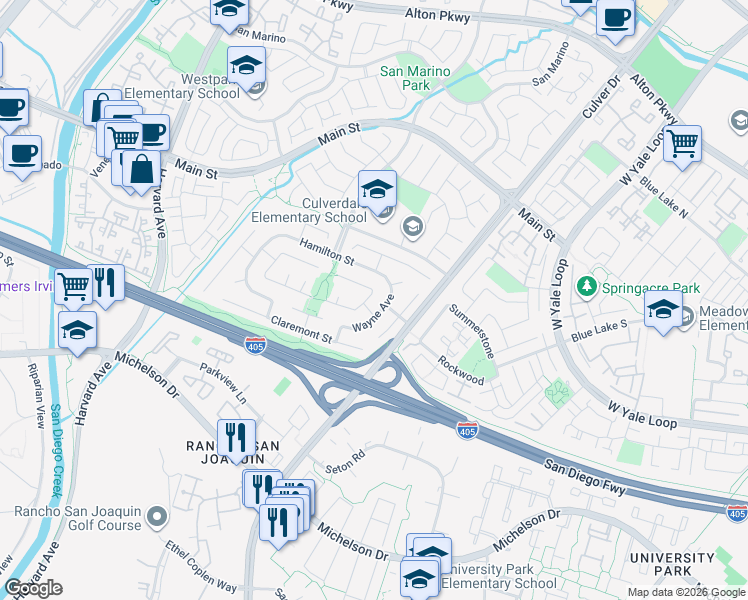 map of restaurants, bars, coffee shops, grocery stores, and more near 17502 Luther Avenue in Irvine