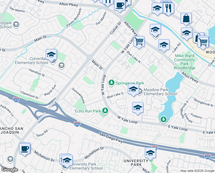 map of restaurants, bars, coffee shops, grocery stores, and more near 14 Springacre in Irvine