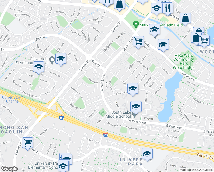 map of restaurants, bars, coffee shops, grocery stores, and more near 34 Springacre in Irvine