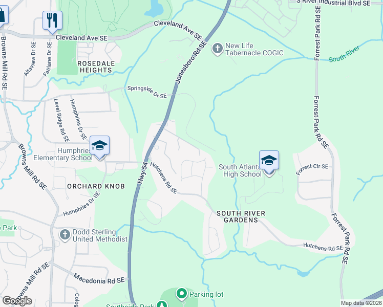 map of restaurants, bars, coffee shops, grocery stores, and more near 2980 Jonesboro Road Southeast in Atlanta