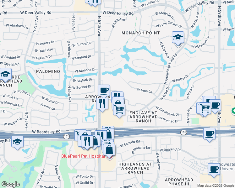 map of restaurants, bars, coffee shops, grocery stores, and more near 6509 West Tonopah Drive in Glendale