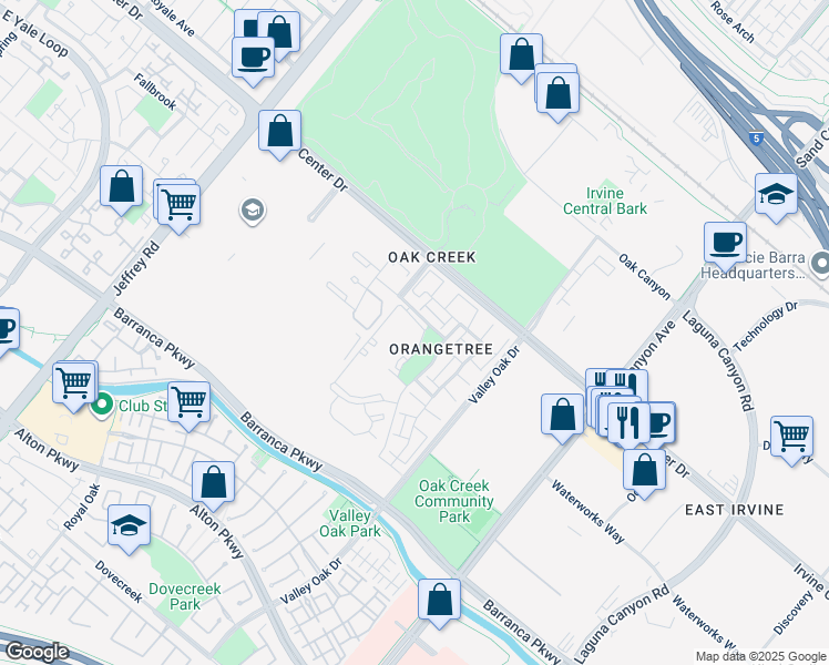 map of restaurants, bars, coffee shops, grocery stores, and more near 85 Orange Blossom in Irvine
