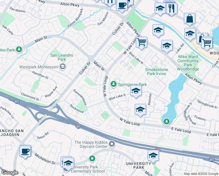map of restaurants, bars, coffee shops, grocery stores, and more near 34 Springacre in Irvine