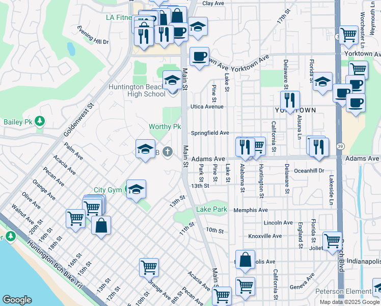 map of restaurants, bars, coffee shops, grocery stores, and more near 1221 Park Street in Huntington Beach
