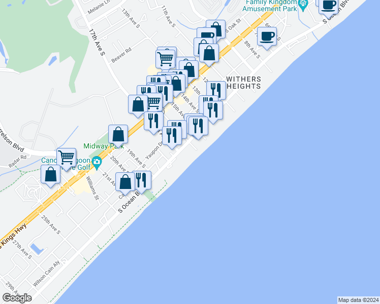 map of restaurants, bars, coffee shops, grocery stores, and more near 1607 South Ocean Boulevard in Myrtle Beach