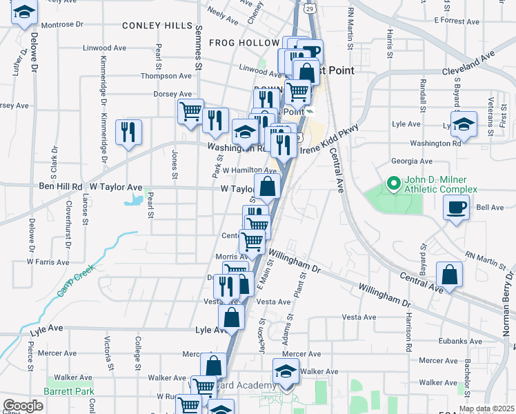 map of restaurants, bars, coffee shops, grocery stores, and more near 3044 East Point Street in Atlanta