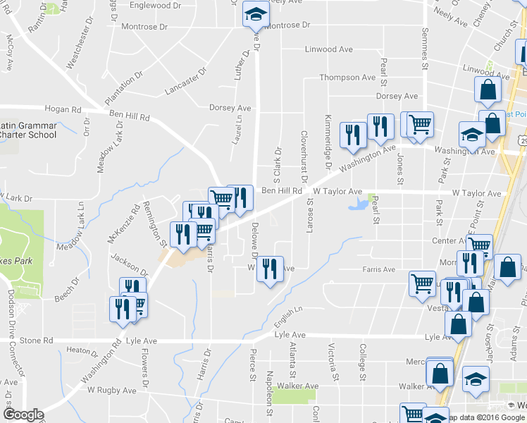 map of restaurants, bars, coffee shops, grocery stores, and more near 3040 Washington Road in East Point