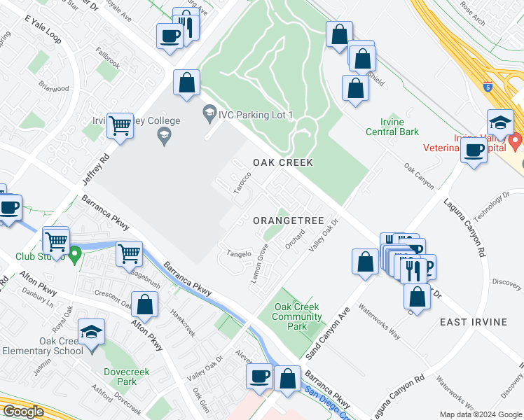 map of restaurants, bars, coffee shops, grocery stores, and more near 103 Orange Blossom in Irvine