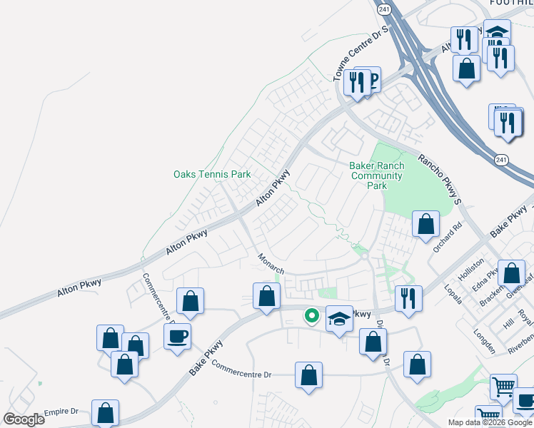 map of restaurants, bars, coffee shops, grocery stores, and more near 73 Fuchsia in Lake Forest