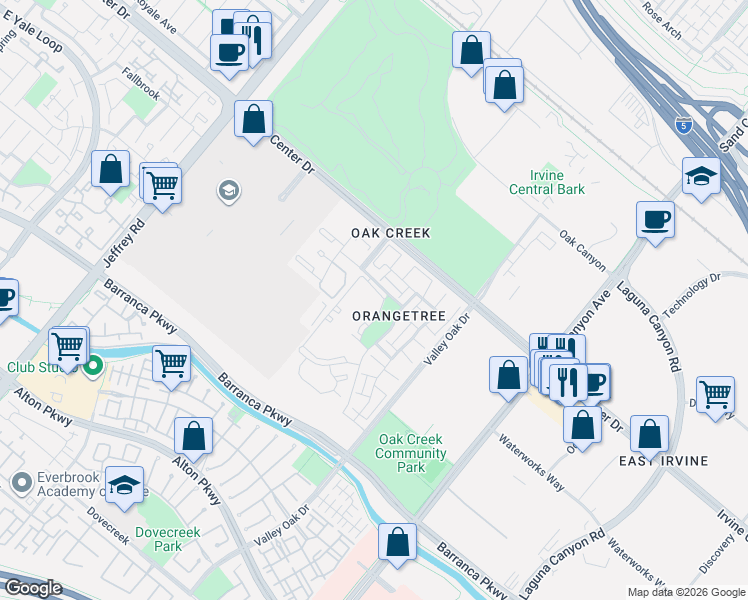 map of restaurants, bars, coffee shops, grocery stores, and more near 85 Orange Blossom in Irvine