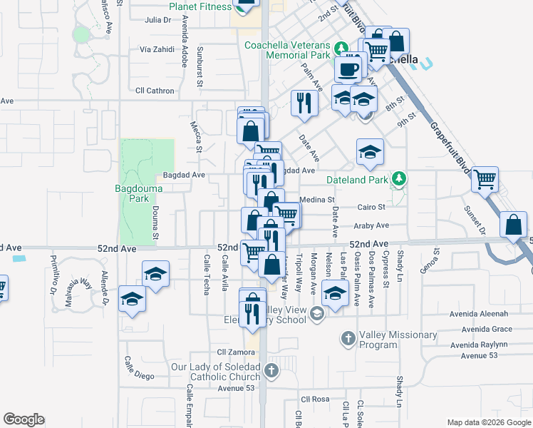 map of restaurants, bars, coffee shops, grocery stores, and more near 51704 Harrison Street in Coachella