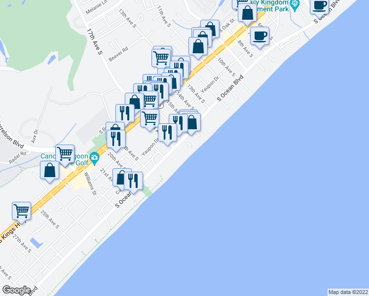 map of restaurants, bars, coffee shops, grocery stores, and more near 1607 South Ocean Boulevard in Myrtle Beach