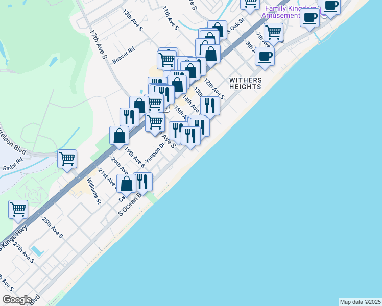 map of restaurants, bars, coffee shops, grocery stores, and more near 1607 South Ocean Boulevard in Myrtle Beach