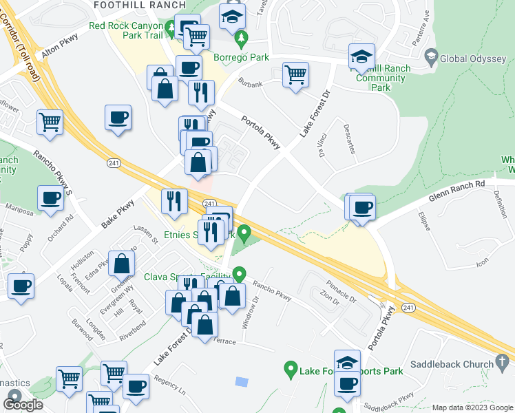 map of restaurants, bars, coffee shops, grocery stores, and more near 27042 Towne Centre Drive in Lake Forest