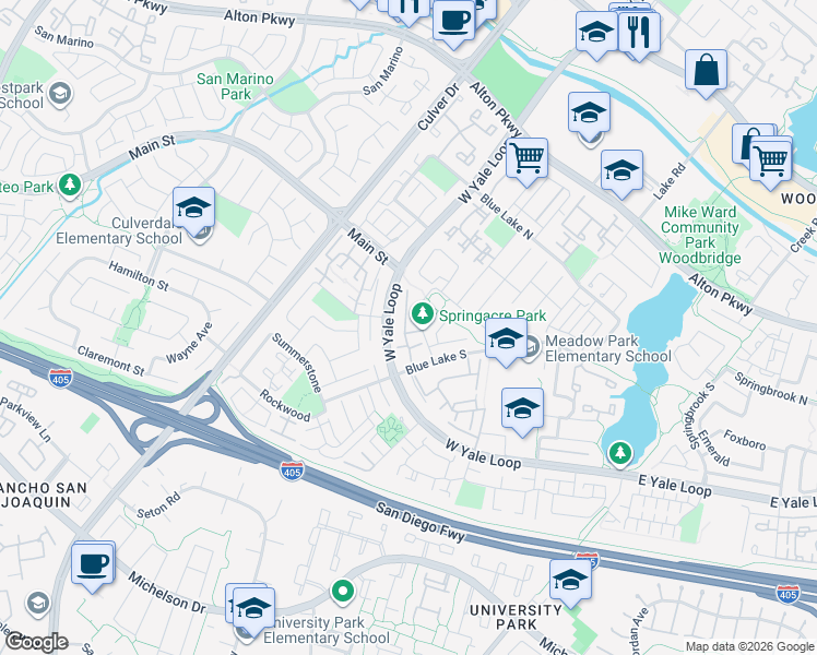 map of restaurants, bars, coffee shops, grocery stores, and more near 26 Claret in Irvine